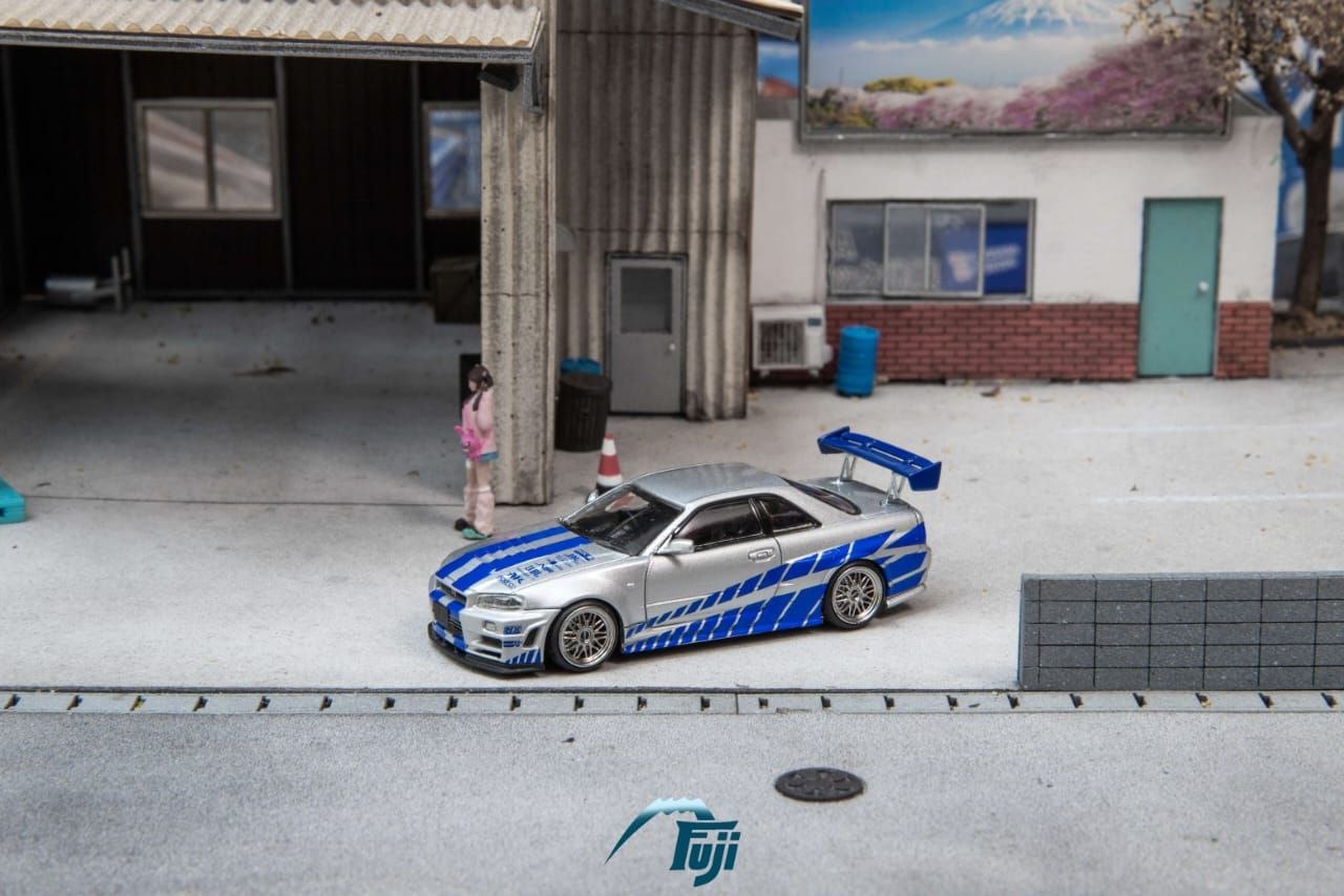 Fuji 1:64 Diecast Skyline R34 GT-R Nismo Z-Tune Silver/Blue Livery
