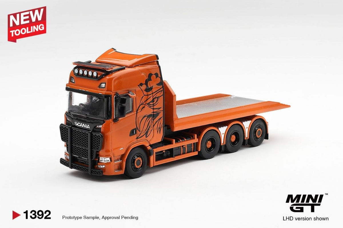 Mini GT 1:64 Scania 770S B8x4NA Hooklift Flatbed Orange #1392