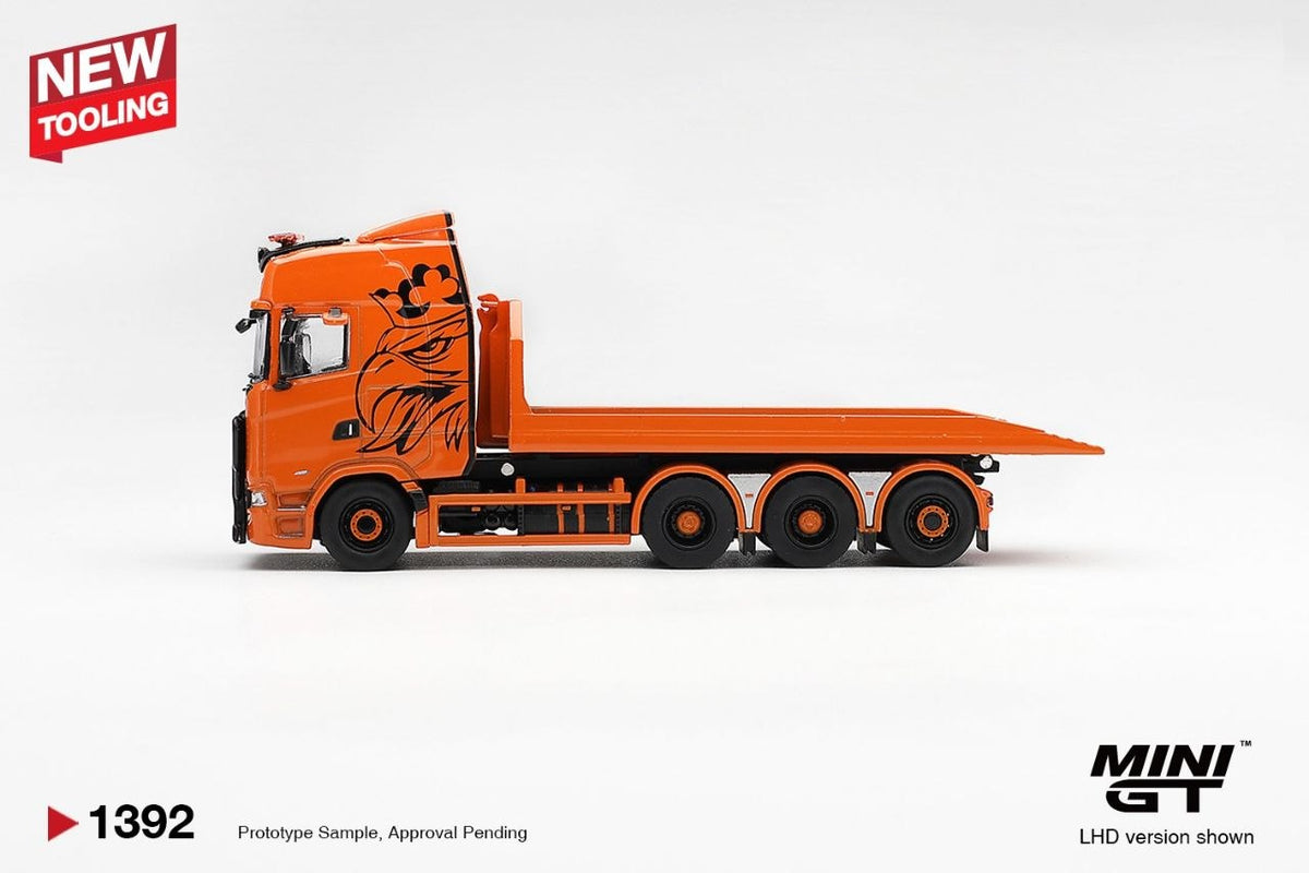 Mini GT 1:64 Scania 770S B8x4NA Hooklift Flatbed Orange #1392