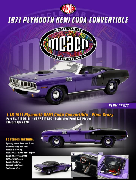 Acme Diecast 1971 Plymouth Hemi Cuda Convertible Plum Crazy