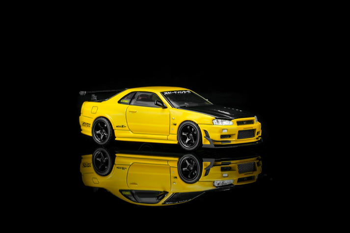 MotorHelix 1:64 Nissan Skyline GT-R (R34) Customized with GT Aero Kit Lightning yellow