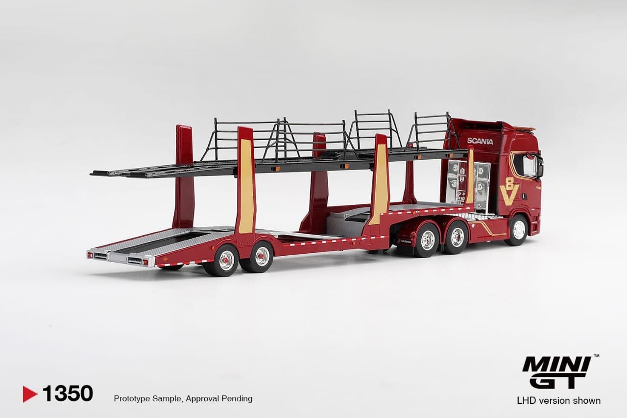 Mini GT 1:64 Scania 770S A6x4NA Car Transporter V8 50th Anniversary + Car Transporter Red #1350