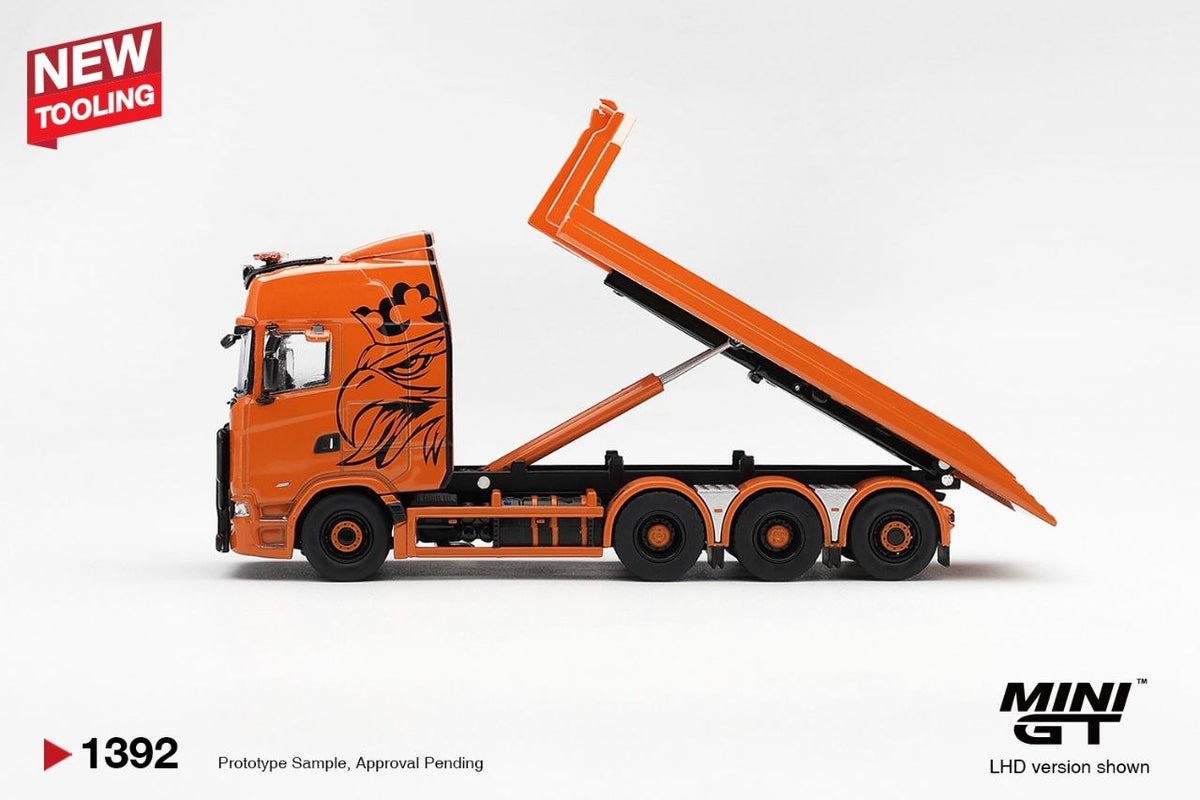 Mini GT 1:64 Scania 770S B8x4NA Hooklift Flatbed Orange #1392