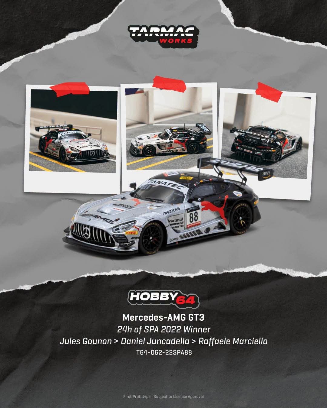Tarmac Works 1:64 Mercedes-AMG GT3 24h of SPA 2022 Winner Jules Gounon/Daniel Juncadella/Raffaele Marciello