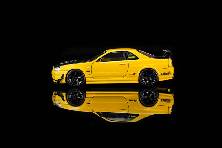 MotorHelix 1:64 Nissan Skyline GT-R (R34) Customized with GT Aero Kit Lightning yellow