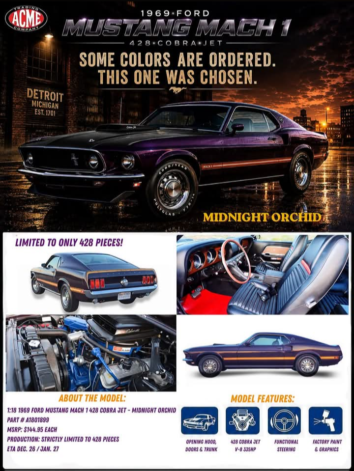Acme Diecast 1:18 1969 Ford Mustang Mach 1 428 Cobra Jet Midnight Orchid