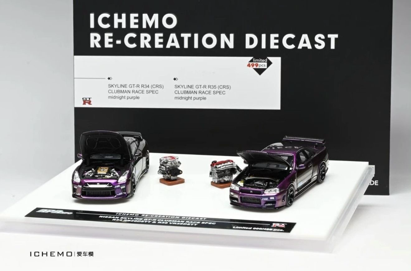 ICHEMO Re-Creation 1:64 Diecast Nissan Skyline GT-R Clubman Race Spec R34 RB26DETT & R35 VR38DETT Display Set | 2025 Auto Passion Alliance (APA)