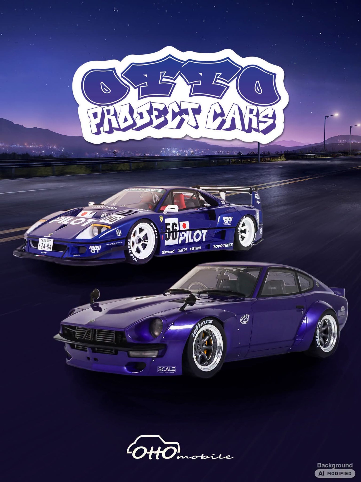 Ottomobile 1:18 Project Cars 2015 Pandem Nissan Fairlady Z & 2024 LB-Works F40 Blue Metallic*Resin Series*