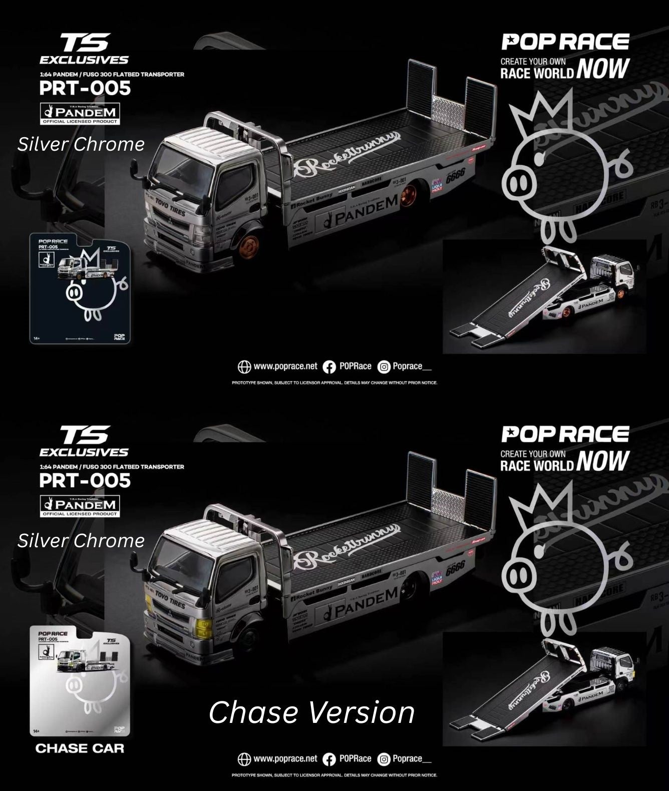 Pop Race 1:64 Pandem Fuso 300 Flatbad Transporter *Tokyo Station Exclusives* Silver Chrome