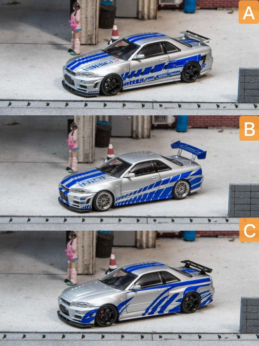 Fuji 1:64 Diecast Skyline R34 GT-R Nismo Z-Tune Silver/Blue Livery