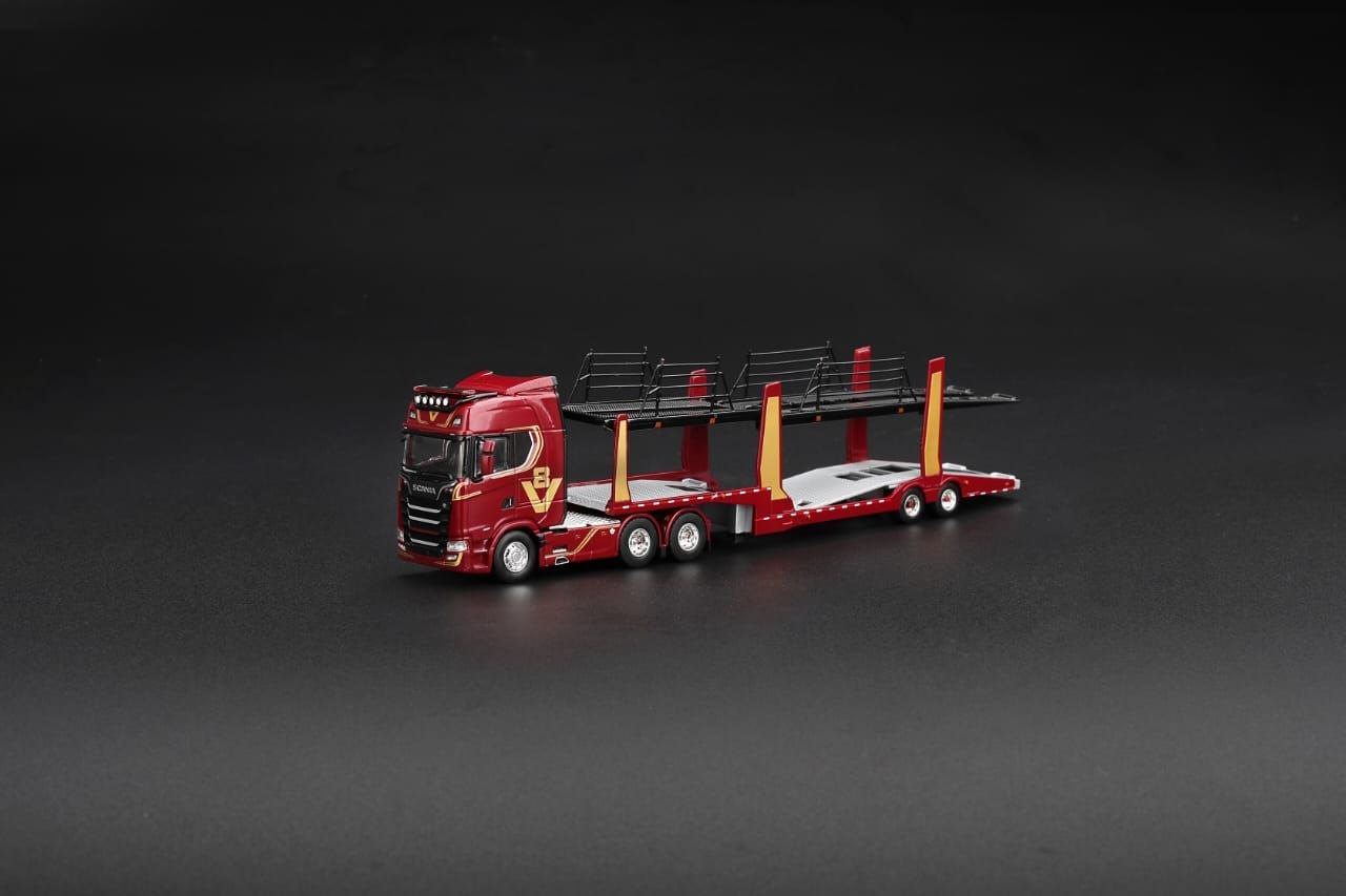 Mini GT 1:64 Scania 770S A6x4NA Car Transporter V8 50th Anniversary + Car Transporter Red #1350