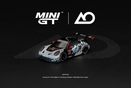Mini GT 1:64 Porsche 911 GT3 R (992) #77 AO Racing "Skeleton Rexy" 2026 IMSA Petit Le Mans #1436