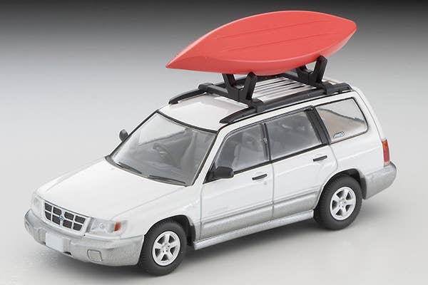 Tomica Limited Vintage 1:64 Subaru Forester Custom with kayak and figure White/Silver