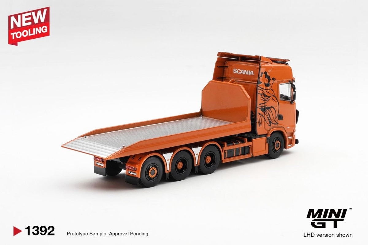 Mini GT 1:64 Scania 770S B8x4NA Hooklift Flatbed Orange #1392